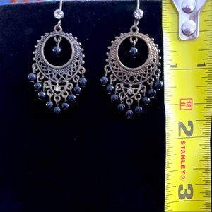 Vintage fashion pierced dangle earrings with black beads and rhinestones